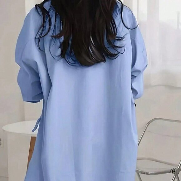 Blue Casual Women's Solid Color Drop Shoulder Long Sleeve Shirt - Picture 2 of 5